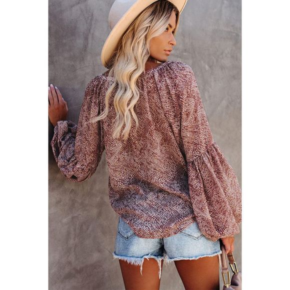 Azura Exchange  Red Pleated Lantern Sleeve Abstract Print Blouse - Picture 2 of 5